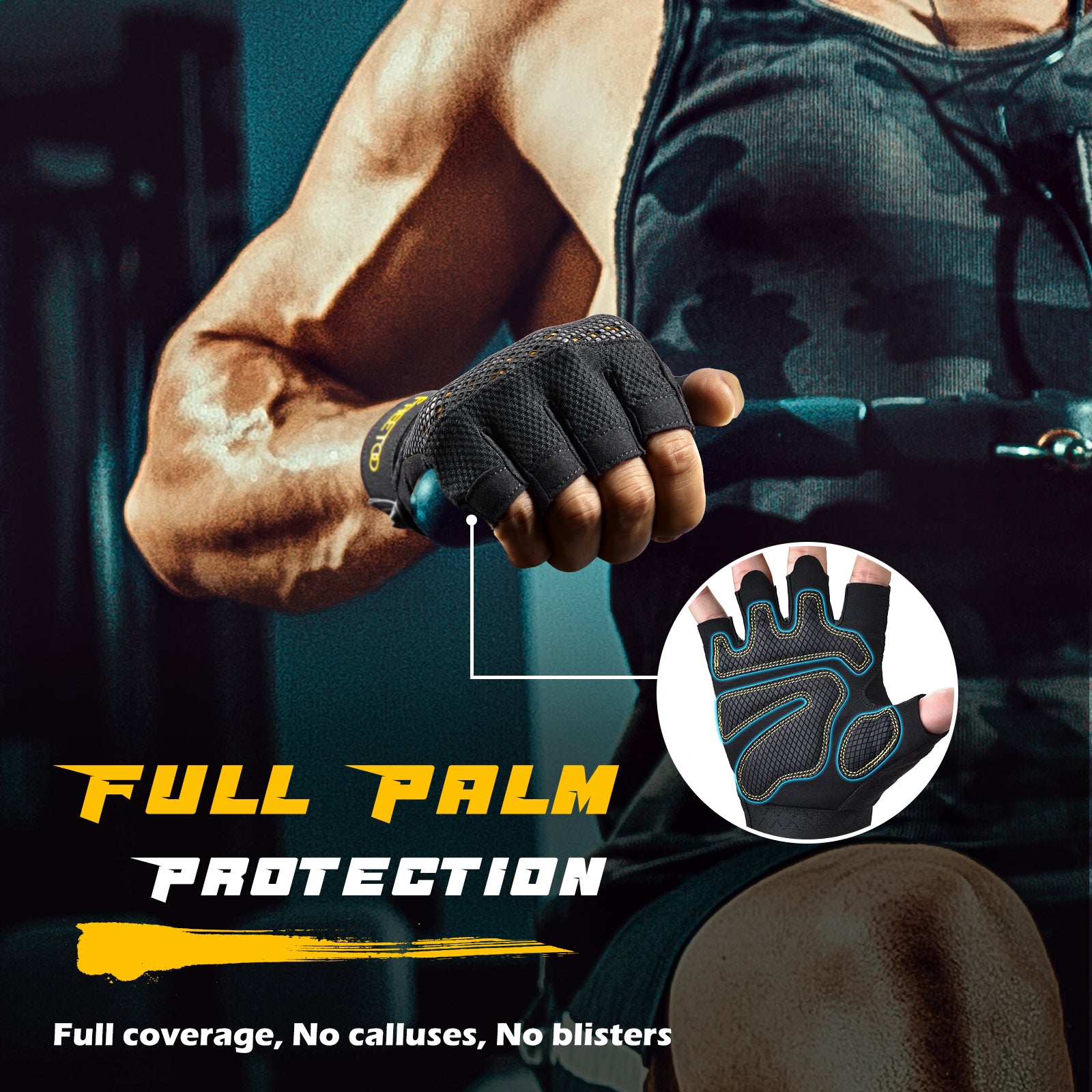 FREETOO® Gym Gloves [Full Palm Protection] with Cushion Pads and Silicone Grip for Men